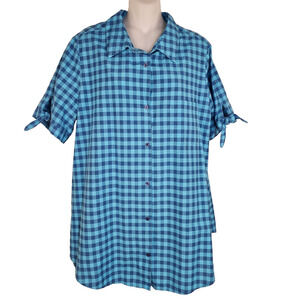 Roaman's Womens Shirt Size 20W Gingham French Check Blue Button Short Tie Sleeve